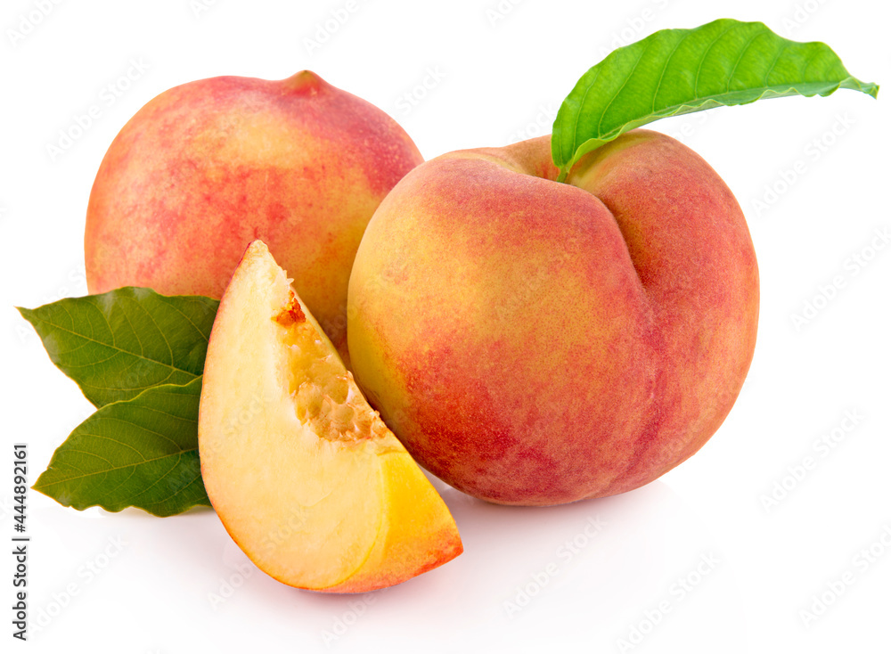 Peach isolate. Peach slice. Peach with leaf on white background.