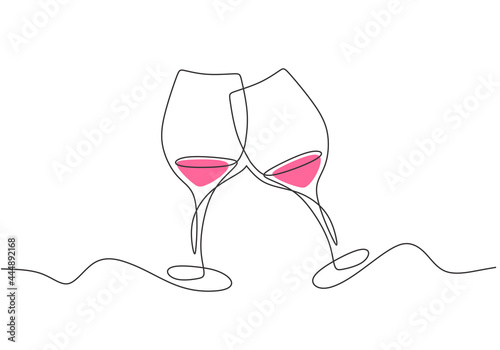 Continuous one line drawing two glass of red wine for cheers. Party celebration with alcohol. Minimalism design with simplicity hand drawn isolated on white background. Vector champagne illustration