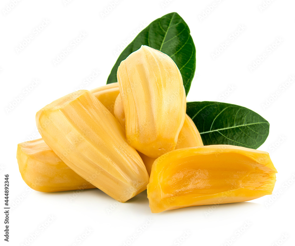 Jackfruit with jackfruit leaf, isolated on white background.
