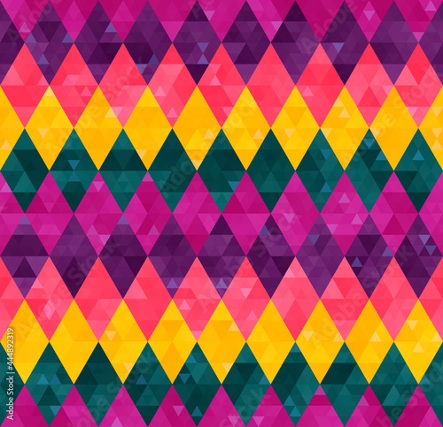 Abstract seamless harlequin pattern from rows of rhombuses in green, yellow, pink and purple colors. Mardi Gras holiday poster backdrop design, wallpaper, packaging, wrapping paper, cover.