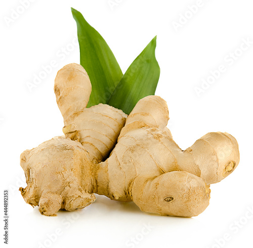 Obraz na płótnie Fresh ginger with leaves isolated on white background. w salonie