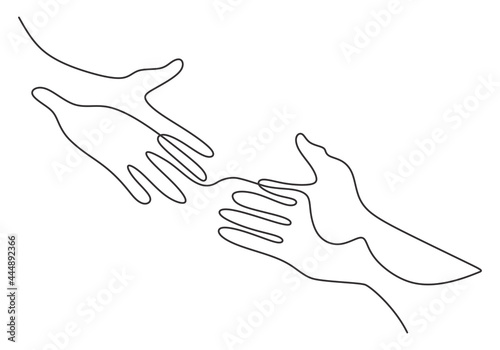 Continuous line drawing of two hands barely touching one another. Simple sketch of two hands isolated on white background. People connecting each other symbol. Vector illustration