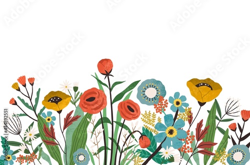 Botanical border with spring blooming flowers and leaves isolated on white background. Banner with floral decoration. Multicolor flowery edge. Colored flat textured vector illustration of wildflowers