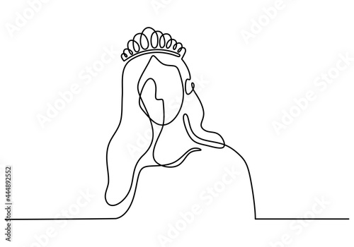 One continuous drawing line medieval historical european monarch princess queen. Beautiful queen with long hair and crown on head minimalism design hand drawn art line doodle outline illustration