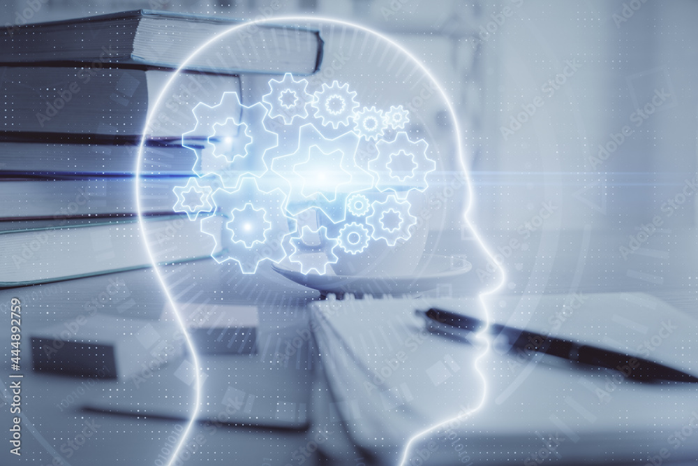 Double exposure of brain drawing and desktop with coffee and items on table background. Concept of research. Double exposure of brain drawing and desktop with coffee and items on table background. Concept of research.