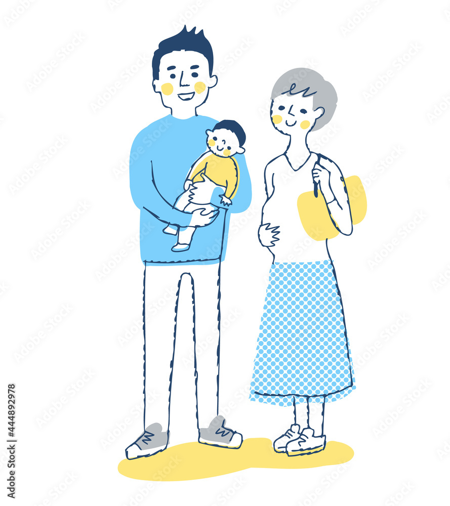 3人家族　妊娠中のママと男の子を抱っこするパパ