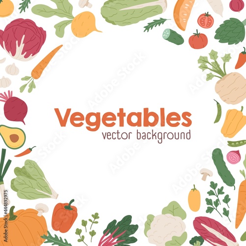 Organic vegetables background with circle border of fresh farm veggies. Square-shaped card design with healthy vegetarian food. Flat vector illustration of autumn and summer harvest