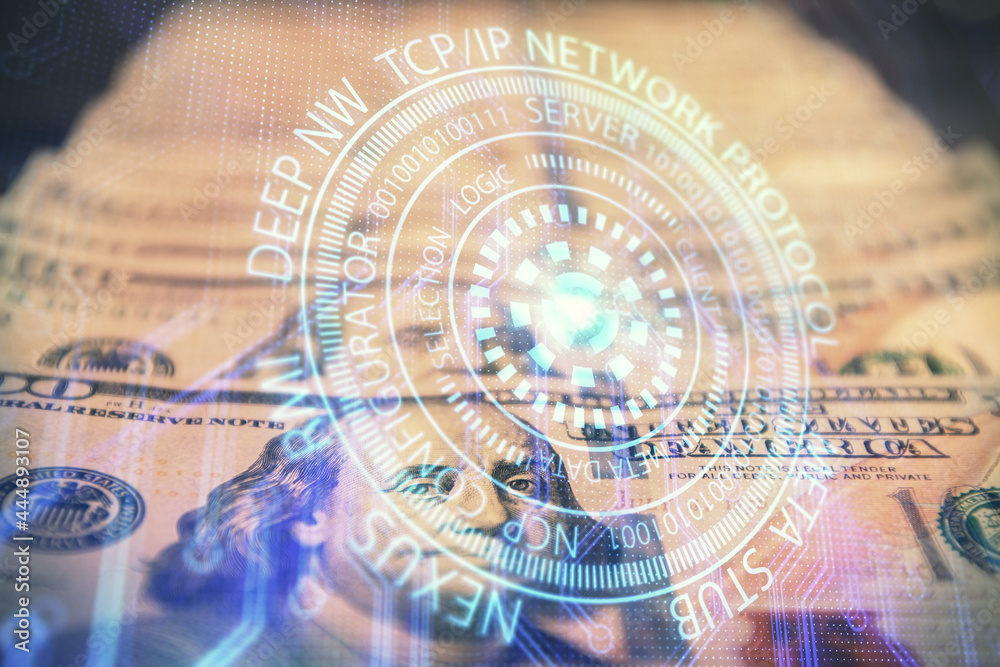 Fototapeta premium Double exposure of data theme drawing over us dollars bill background. Technology concept.