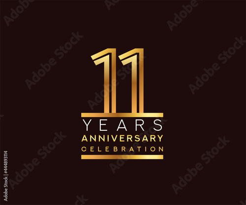 11th years anniversary celebration logotype. Anniversary logo with golden and silver color isolated on black background, vector design for celebration, invitation card, and greeting card