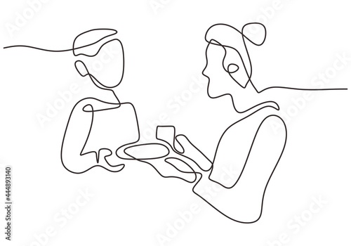 Continuous one line drawing of young mother is feeding her child. Happy Mother day card. Character mom with a kid isolated on white background. Family parenthood concept. Vector illustration