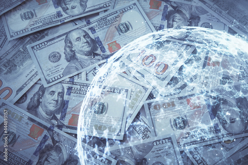 Multi exposure of social network drawing over us dollars bill background. Concept of people connection.