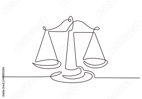 Weight balance symbol in continuous one line drawing. Libra or law identity isolated on white background. Scales of justice drawn from the hand a picture of the silhouette. Vector illustration