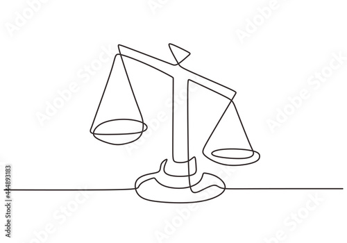 Weight balance symbol in continuous one line drawing. Libra or law identity isolated on white background. Scales of justice drawn from the hand a picture of the silhouette. Vector illustration