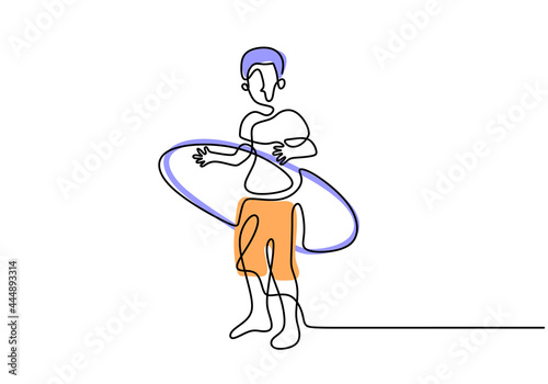 Continuous one line drawing of a kid playing hula hoop in the playground. Happy little child enjoy with hula hoop isolated on white background. Fun exercise. Vector illustration