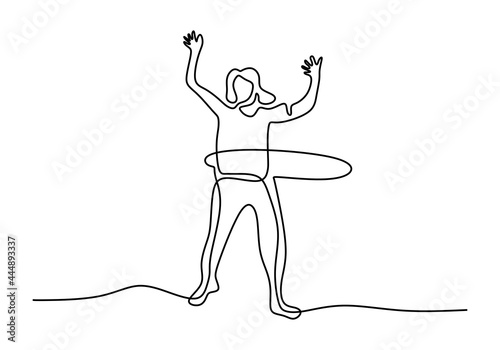 Continuous one line drawing of a kid playing hula hoop in the playground. Happy little child enjoy with hula hoop isolated on white background. Fun exercise. Vector illustration