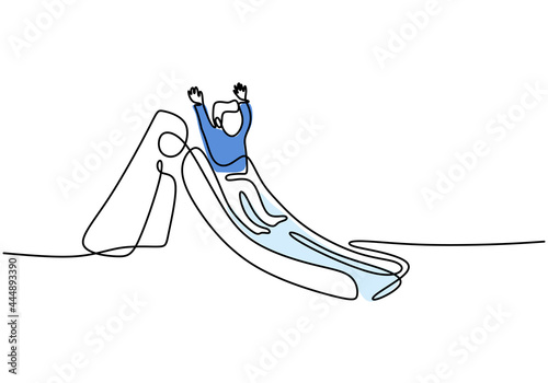 Continuous single line drawing a little kid playing slide at the playground hand picture silhouette minimalism design line art. Playgroup games concept. Vector illustration on white background