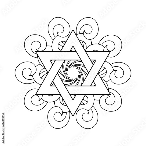 Coloring book page Jewish star of David. Mandala with six pointed star. Vector illustration