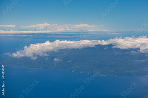 Aerial panoramic off the coast over Hawaiian Maui island.