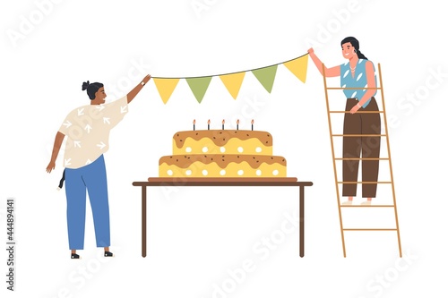 Happy people preparing for birthday party celebration with big cake. Cheerful women decorating, hanging festive paper garland. Colored flat vector illustration isolated on white background