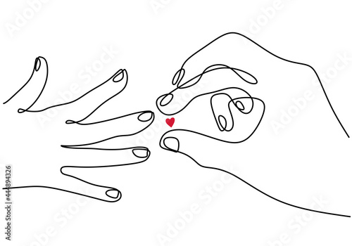One continuous line drawing of engagement moment. Woman and man hands with ring in love marriage symbol hand drawn sketch minimalist style. Ring exchange ritual concept. Vector illustration