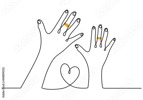 One continuous line drawing of engagement moment. Woman and man hands with ring in love marriage symbol hand drawn sketch minimalist style. Ring exchange ritual concept. Vector illustration