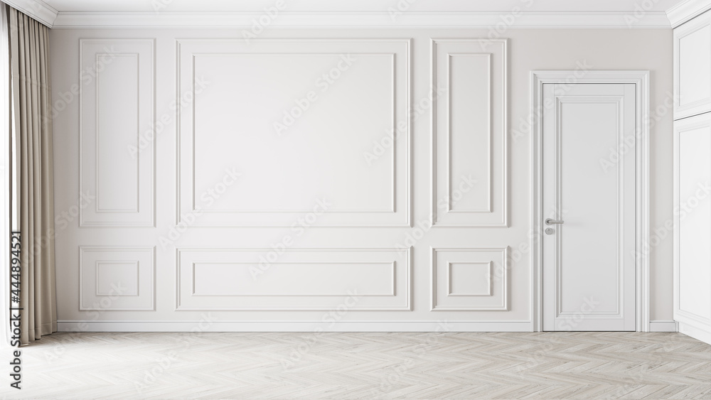 Beige classic interior with moldings, blank wall. 3d render illustration mockup. Beige classic interior with moldings, blank wall. 3d render illustration mockup.