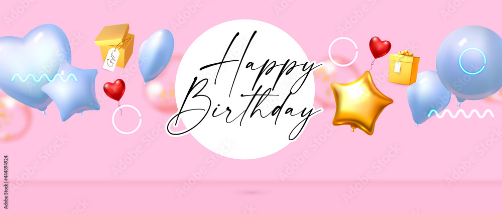 Happy Birthday with foil balloons and gift box. Glossy celebration design template. Anniversary, sale, baby shower and wedding invitation. Happy Birthday with foil balloons and gift box. Glossy celebration design template. Anniversary, sale, baby shower and wedding invitation.