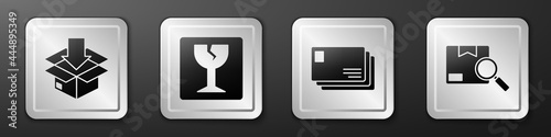 Set Cardboard box with traffic symbol, Fragile broken glass, Envelope and Search package icon. Silver square button. Vector