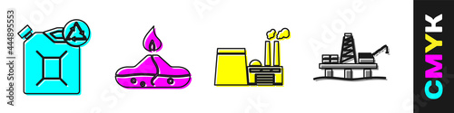 Set Eco fuel canister, Alcohol or spirit burner, Oil industrial factory building and Oil platform in the sea icon. Vector
