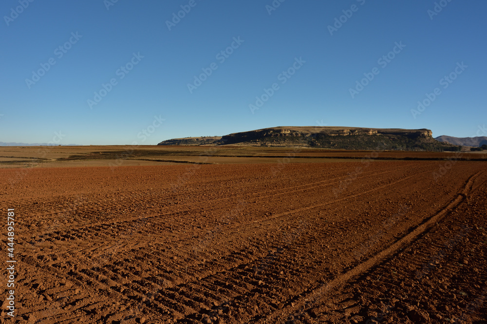 A freshly ploughed farmland with a typical Free State sandstone hill as a backdrop A freshly ploughed farmland with a typical Free State sandstone hill as a backdrop