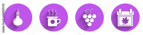 Set Onion, Cup of tea, Grape fruit and Calendar with autumn leaves icon with long shadow. Vector