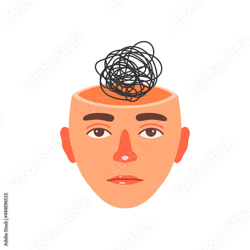 Human head with confused thoughts. The concept of a restless mind, chaos of consciousness, chaotic thinking. Anxiety mental disorder, frustration. Vector illustration isolated