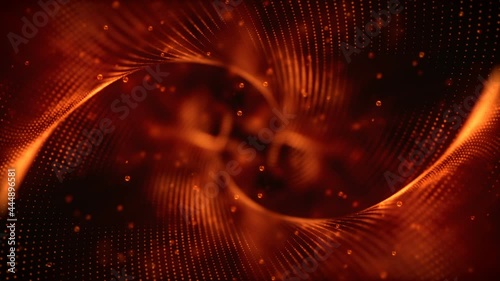 This is a stock motion graphic that shows the movement of an orange abstract structure with flying particles.