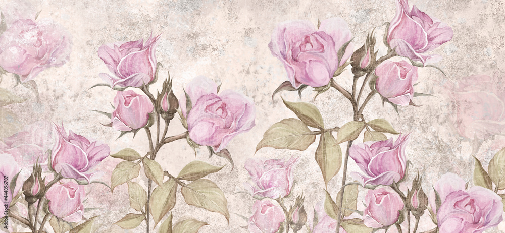 drawn vintage roses on texture background, photo wallpaper - obrazy, fototapety, plakaty 