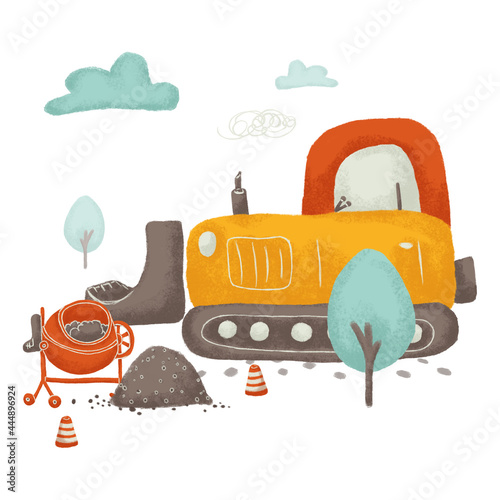 Cartoon cute composition of construction vehicles with tree, sky, concrete mixer, crushed stone, concrete wall, building sign etc for kids isolated on white background. Perfect for your own design