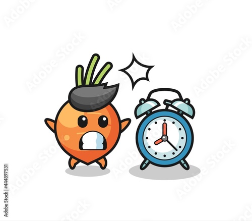 Cartoon Illustration of carrot is surprised with a giant alarm clock