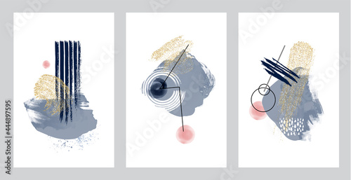 Abstract art design set. Hand painted minimal composition. Watercolor and inc paint stains in contemporary template. Cover, card, poster and banner modern design