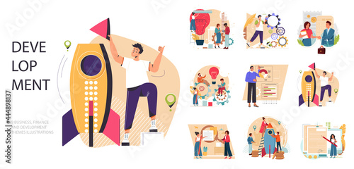 Business Development vector illustrations set. Collection of scenes with men and women taking part in business activities. New skills, career change or development, workshop and seminar,  job success.