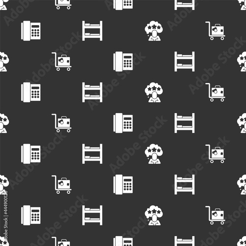 Set Five stars rating review, Suitcase, Telephone handset and Hotel room bed on seamless pattern. Vector