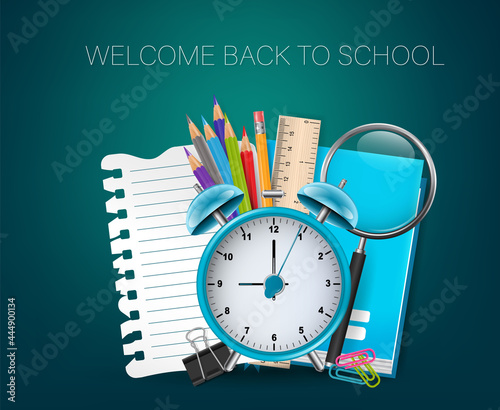 Back to school banner. Education design concept with college stationery supplies for students and teachers. Realistic 3d vector illustration.