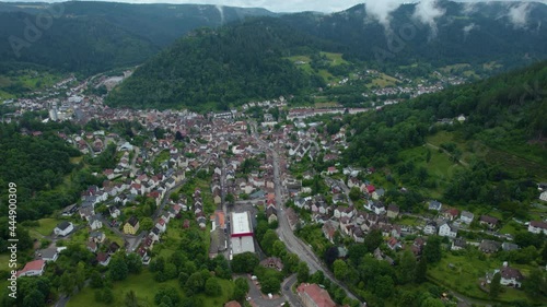 Aerial view around the city Schramberg in Germany. On a cloudy day in spring photo