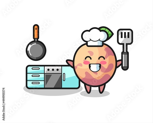 pluot fruit character illustration as a chef is cooking