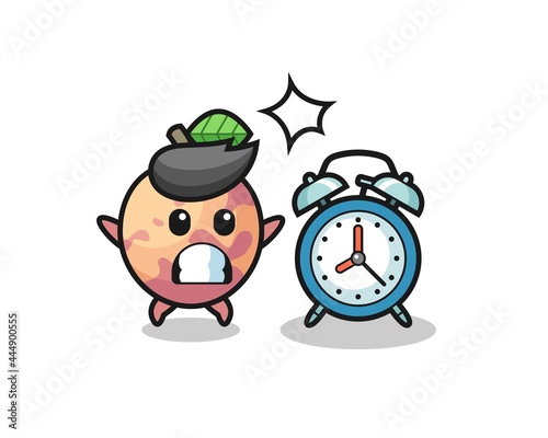Cartoon Illustration of pluot fruit is surprised with a giant alarm clock