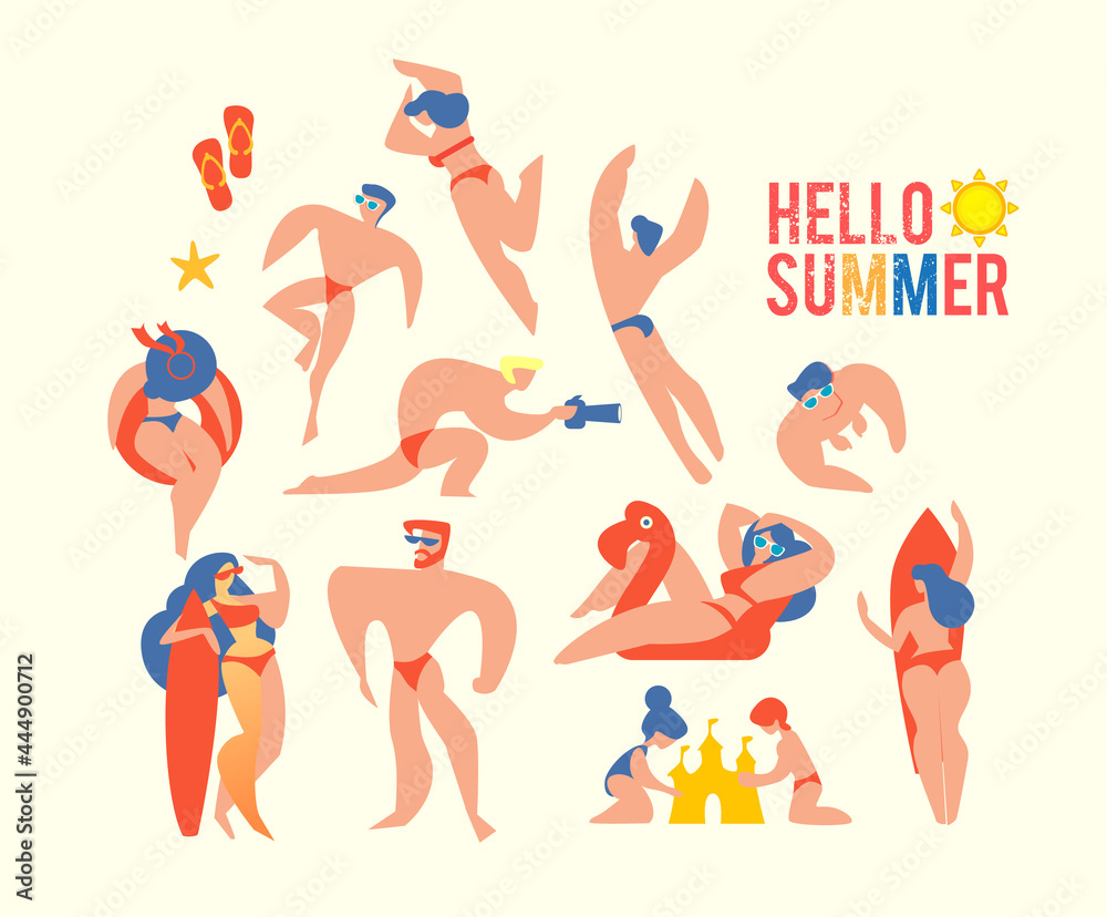 Stylised people on the beach. Summer vacation. Sea relax. Stylised people on the beach. Summer vacation. Sea relax.