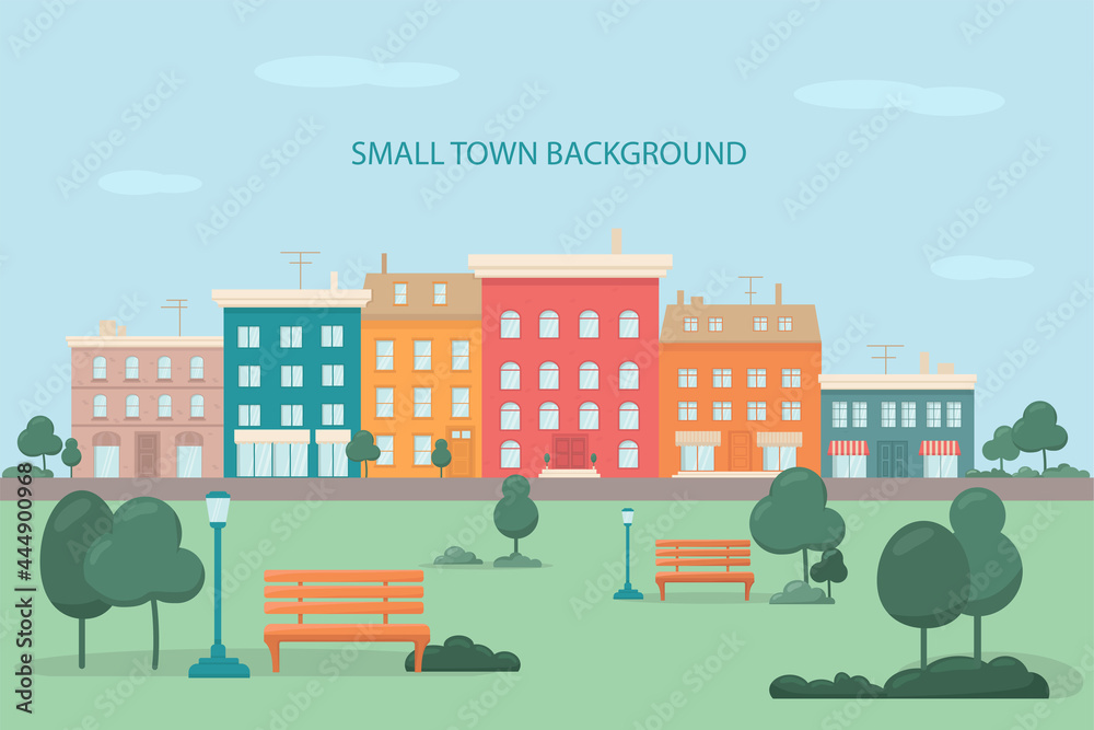 Urban park, city downtown with sky view. Small street with houses, shops, offices. Background for animation advertising real estate or building concept. Vector stock illustration. EPS10 