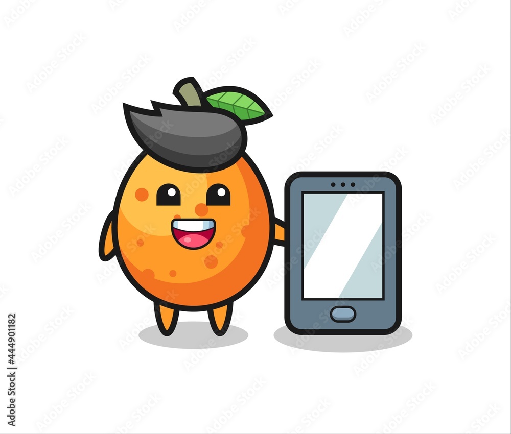 kumquat illustration cartoon holding a smartphone