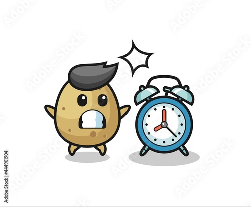Cartoon Illustration of potato is surprised with a giant alarm clock