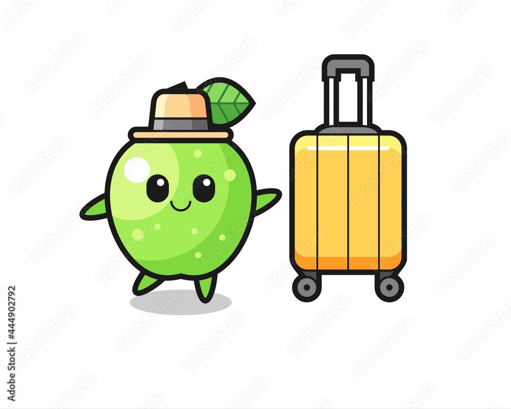 green apple cartoon illustration with luggage on vacation green apple cartoon illustration with luggage on vacation