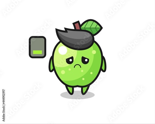 green apple mascot character doing a tired gesture