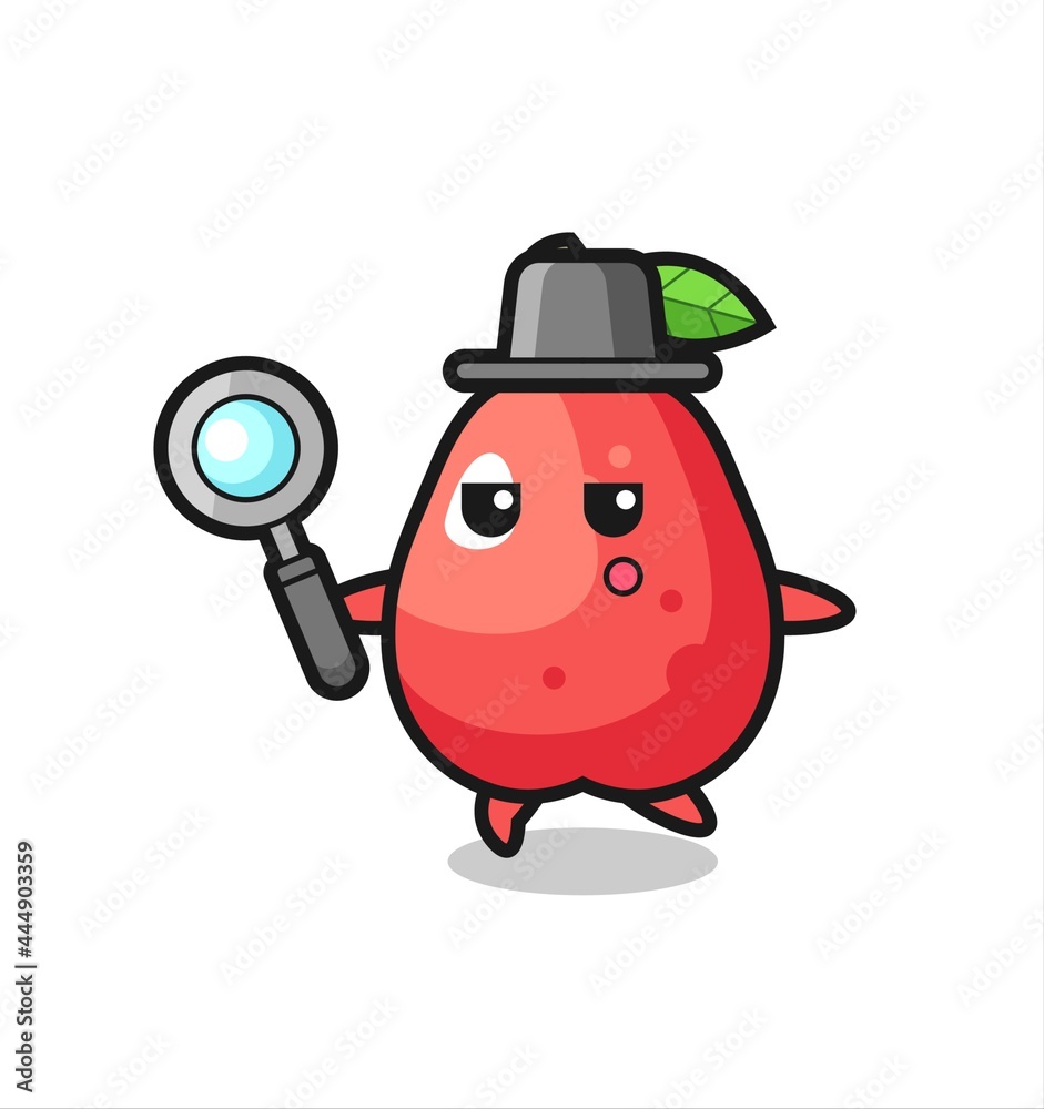 water apple cartoon character searching with a magnifying glass